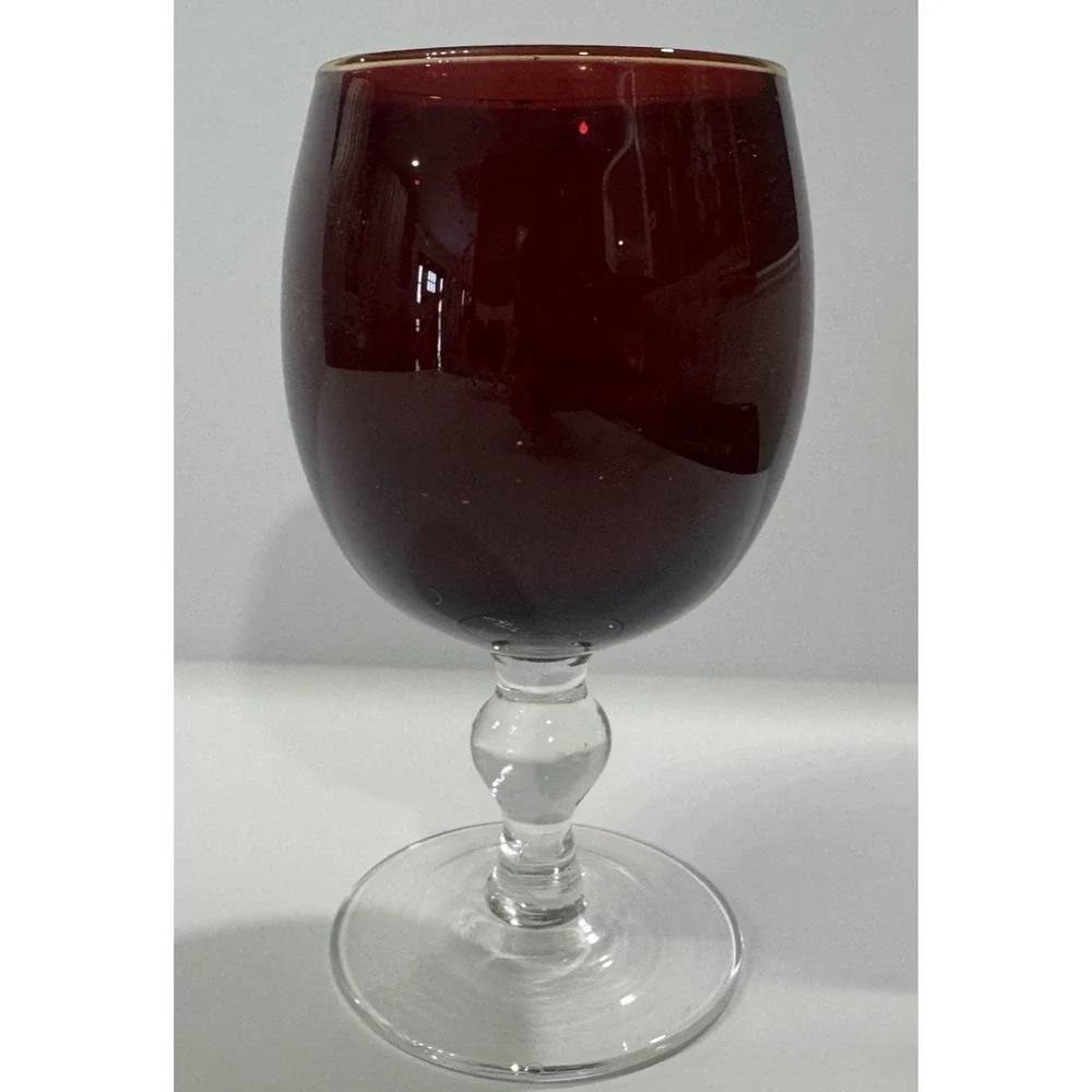 VTG Ruby Flash Glass Wine Water Goblet Clear Ball Stem Grandmillennial Chic